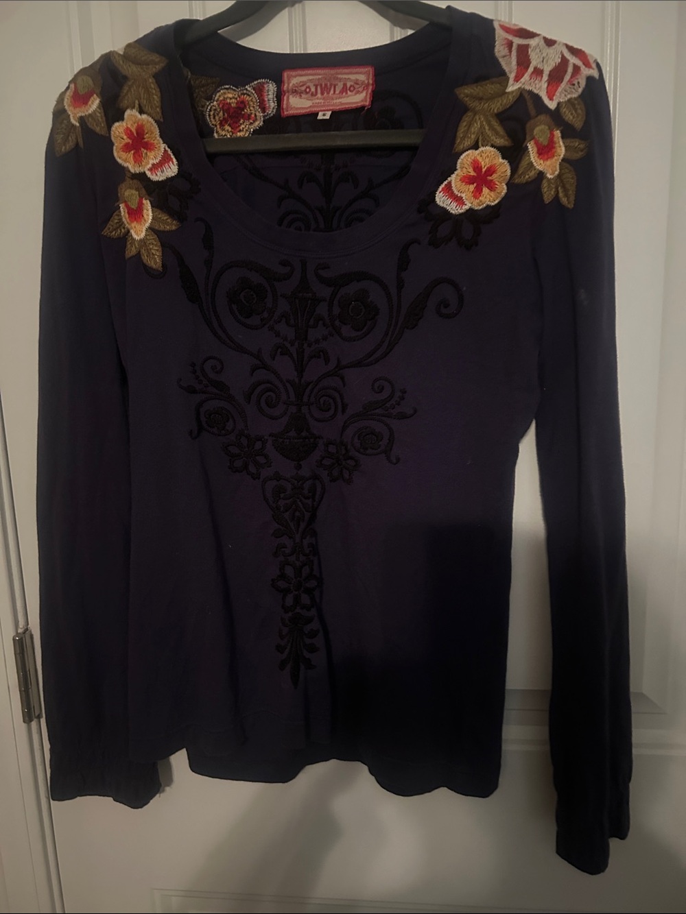 Johnny Was Purple Long-Sleeve Scoop Neck Top with Embroidered Floral Shoulders